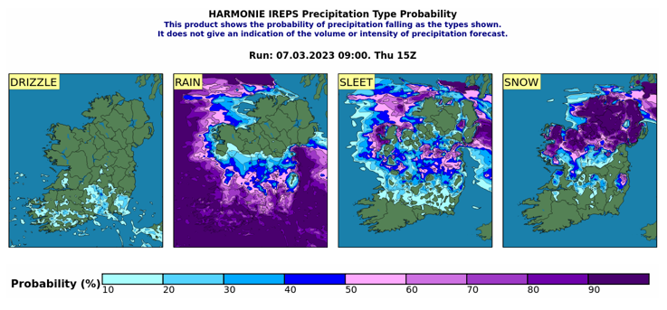 Probability of precipitation falling as either drizzle, rain, sleet or snow at 3pm on Thursday the 9th of March from a model forecast on Tuesday the 7th of March.