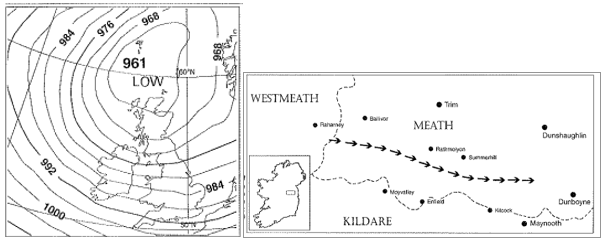 The arrows mark the path taken by the tornado through county Meath.