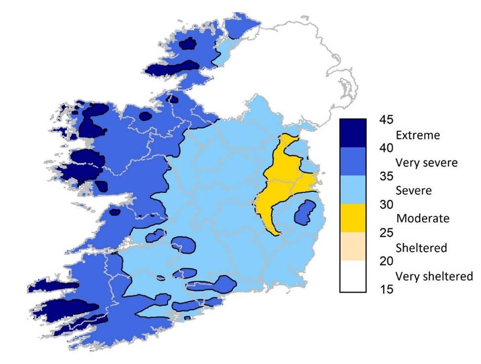 Figure 1: Driving Rain Index for Vertical Surfaces for the period 1991 – 2020 for the Republic of Ireland. 