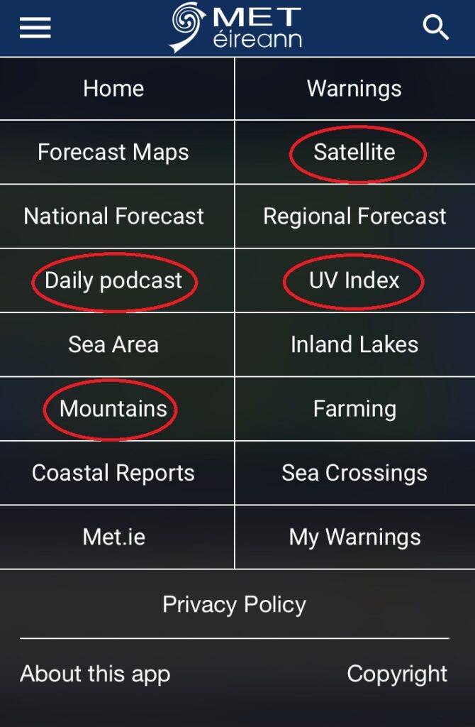 Met Éireann app menu