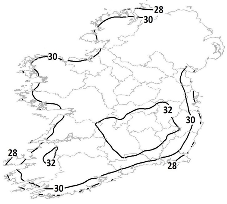 Figure 2: 50-year return period of highest maximum shade air temperature (°C) at mean sea level in Ireland