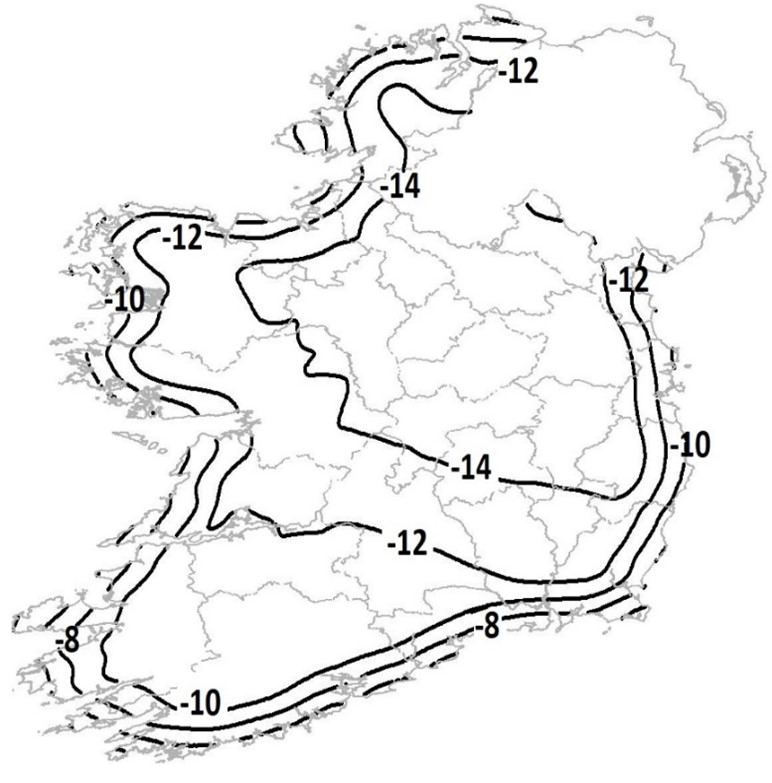 Figure 3: 50-year return period of lowest minimum shade air temperature (°C) at mean sea level in Ireland.