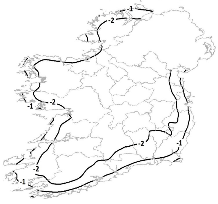 Figure 5: 120-year return period of the lowest 10cm soil temperature (°C) for Ireland.