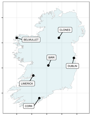 Figure 7: Map with the six locations of the new weather files.