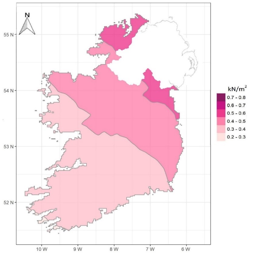 Figure 6: Return values of snow loadings at 100m above mean sea level in Ireland for a 50-year return period.