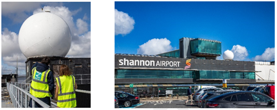 Figs. 1-2: The current Shannon Airport radar (on the right, the radar dome can be seen on top of the airport building)