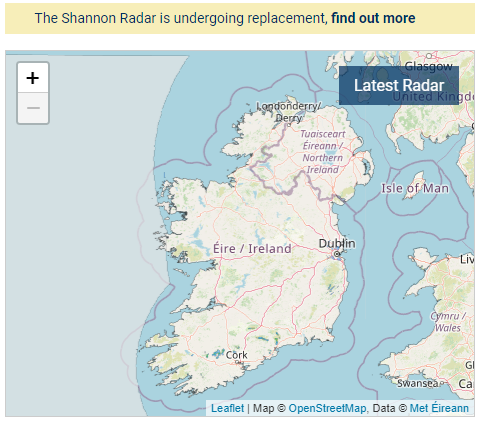 Fig 3 : Example of current "Latest Radar" image on met.ie, with temporary radar operating from Co. Cork during replacement work