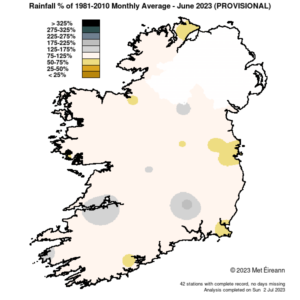 Rainfall % of 1981 - 2021 Monthly Average for June 2023 (Provisional)