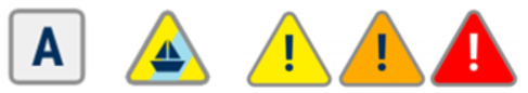 Fig 2 – Met Éireann’s weather warning icons: (from left to right) Advisory, Small Craft Warning, Yellow, Orange and Red warnings icons for land and marine warnings