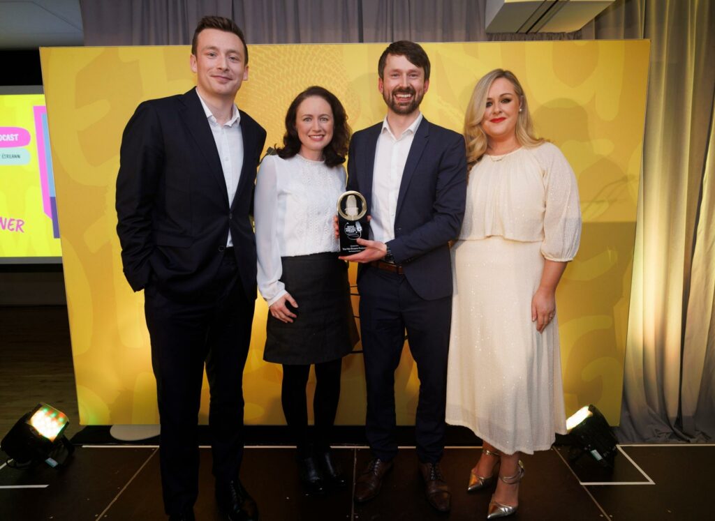 Joanne and Noel accepting the Best Climate Podcast award at the Irish Podcast Awards, with MCs Richard Chambers and Zara King. (photo: Andres Poveda)