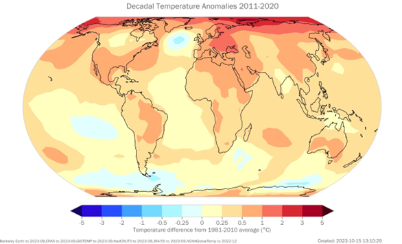 Global Map of Decadal 2011-2020 Temperature Anomalies (1981-2010)