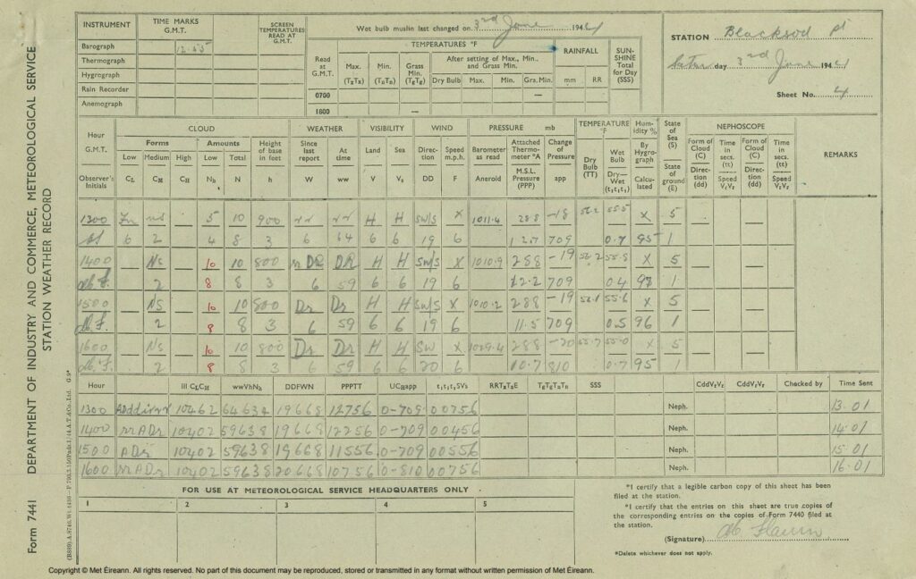 An observation sheet completed by Maureen on 3rd June 1944