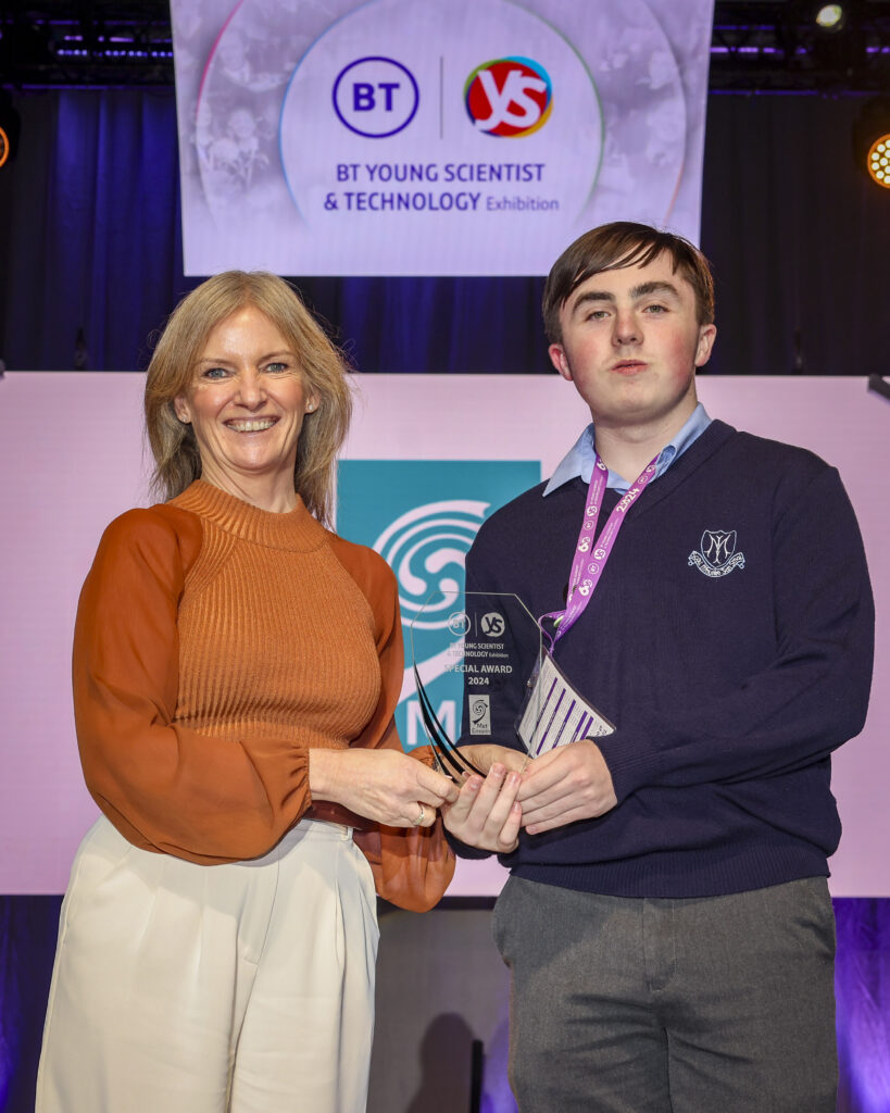 The award winners at the 60th BT Young Scientist and Technology Exhibition 2024 have been announced at a ceremony in the RDS Dublin.<br />The Met Eireann Award presented by Broadcast Meteorologist Joanna Donnelly to Oisin Jackson Mary Immaculate Secondary School Clare for the project 'An Investigation into the Relationship Between Precipitation and Water Levels in Turloughs in the Burren' in the Chemical, Physical &amp; Mathematical Sciences Category.<br />
Stand: 2206. Source: BTYSTE / Chris Bellow Fennell Photography