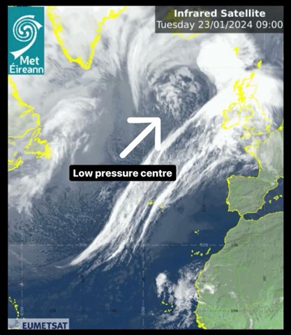 his graphic shows the low-pressure centre of Storm Jocelyn to the north of Ireland, as the southern part of the storm sees high winds hitting Ireland and the UK