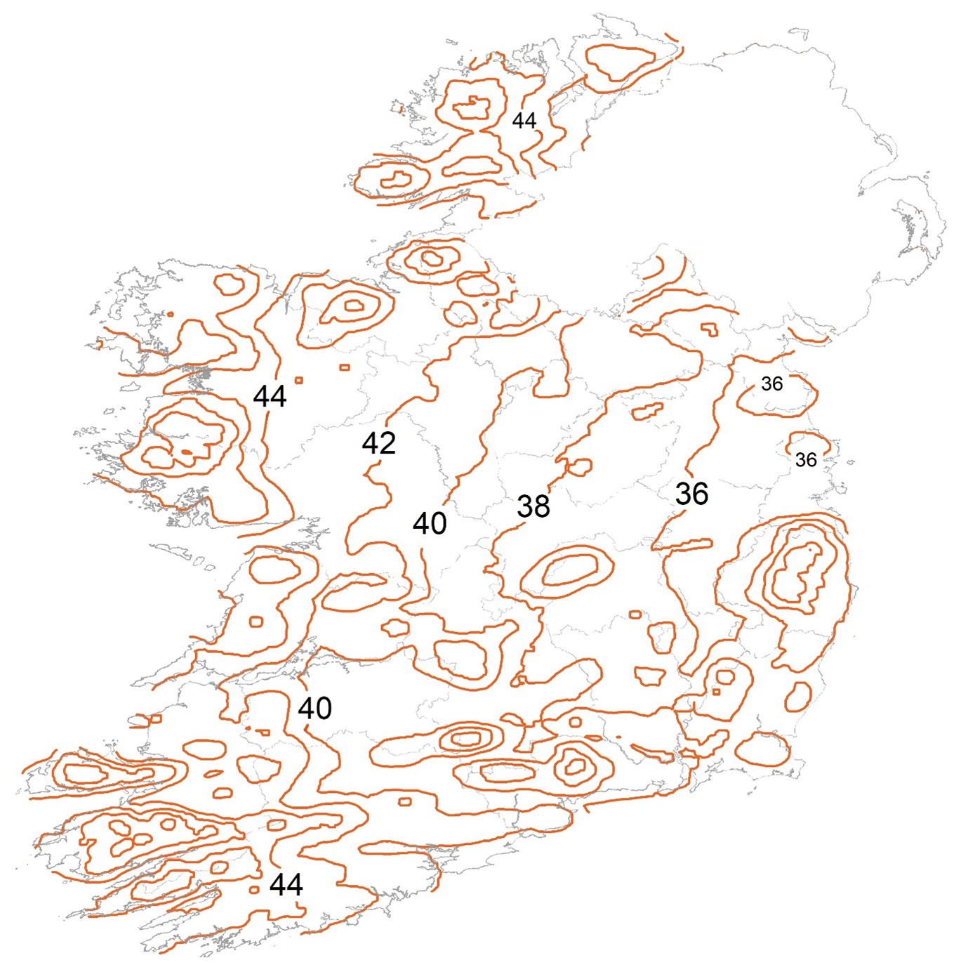 Spell map index (mS) of driving rain against vertical surfaces for the period 1991 – 2020 for Ireland (I.S. EN ISO 15927 32009).