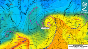 Airmass Analysis chart 06 UTC 6 April 2024: Storm Kathleen moving northwards along the west coast.