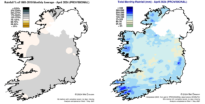 Rainfall % of 1981 - 2010 Monthly Average for April 2024 (Provisional)                                                                              Total Monthly Rainfall (mm) for April 2024 (Provisional)