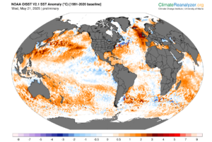 Fig. 1 - Global sea-surface temperature anomaly map shows sea-surface temperatures off the west coast of Ireland significantly above the 1991-2020 baseline.