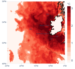 Fig. 3: Sea Surface Temperature Anomalies on 22 May 2025 (from the Marine Institute’s Marine Heatwave Monitoring Tool).