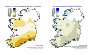 Charts showing provisional May 2025 rainfall as percentage of 1991 – 2020 monthly average and provisional total monthly rainfall (in millimetres) for May 2025