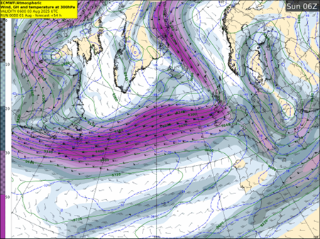 An unusually strong Jet for the time of year will carry the system towards Ireland through the weekend, with the storm deepening rapidly (approximately 20hPa in 24 hours between Sunday and Monday).
