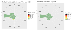 Wind roses for July 2025, sustained 10-min mean and gust.