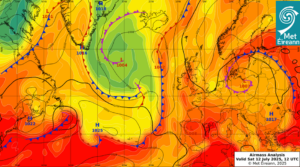 Image from 12th July 2025, part of a four-day hot spell. High pressure moves over Ireland and moves slowly to the east, blocking Atlantic weather fronts to the west. This again draws a very warm airmass from the south. A maximum air temperature of 31.1 °C was recorded at Mount Dillon, becoming the highest temperature of the year so far at our 25 primary weather stations.