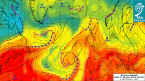 Image from 20th June 2025, when high pressure moved slowly to the east, moving the low pressure to the southwest, and drawing up a very warm airmass from the southeast. A maximum air temperature of 29.6°C was recorded at Mount Dillon.