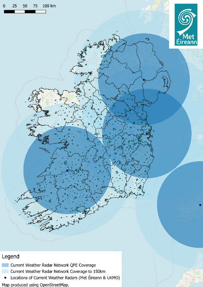Figure 3. Current weather radar network coverage over the Island of Ireland (includes UK Met Office radars)