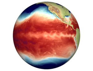 Snapshot of eastern Pacific sea surface temperatures, showing temperature pattern for a typical La Niña event, with equatorial cold temperatures and wave-like structure west of the Galapagos Islands simulated by a high-resolution climate model. Blue to red colour shading indicates transition from colder to warmer surface conditions. The amplitude of La Niña and El Niño conditions can intensify in response to global warming and the succession of these extremes will also become more regular