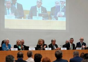 Met Éireann Director and WMO second Vice-President, Eoin Moran (far right), onstage alongside WMO President, Dr Abdulla Al Mandous (second from right), UN Secretary-General, António Guterres (third from right), and WMO Secretary-General, Celeste Saulo (fourth from right) at the World Meteorological Congress