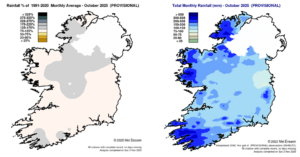 Rainfall % of 1991 – 2020 Monthly Average for October 2025 (Provisional)                                                Total Monthly Rainfall (mm) for October 2025 (Provisional)