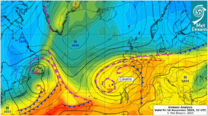 Airmass Analysis chart 12 UTC 14 November 2025: Storm Claudia to the southwest steered numerous active weather fronts across the country from the south.