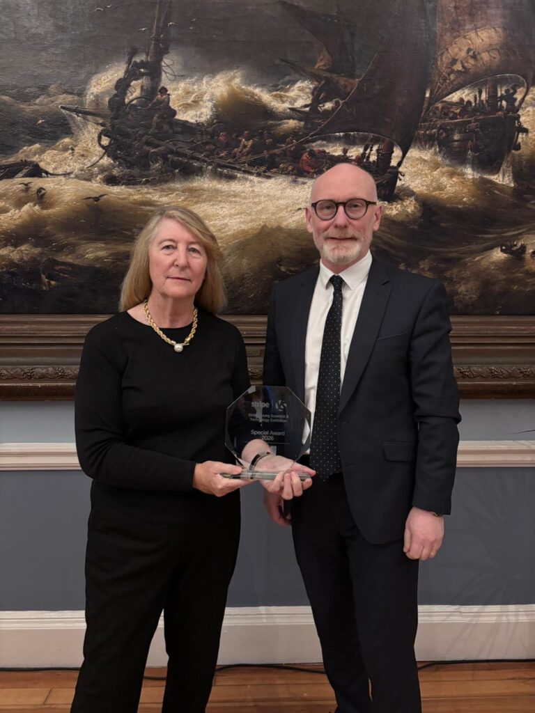 Climate Change Advisory Council Chairperson, Marie Donnelly, and Met Éireann Director, Eoin Moran, ahead of presenting the inaugural Climate Leadership and Innovation Award at Stripe Young Scientist and Technology Exhibition