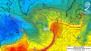 Airmass Analysis chart 06 UTC 09 December 2025: Storm Bram moved north just to the west of Ireland steering up a very warm tropical maritime airmass from the south.