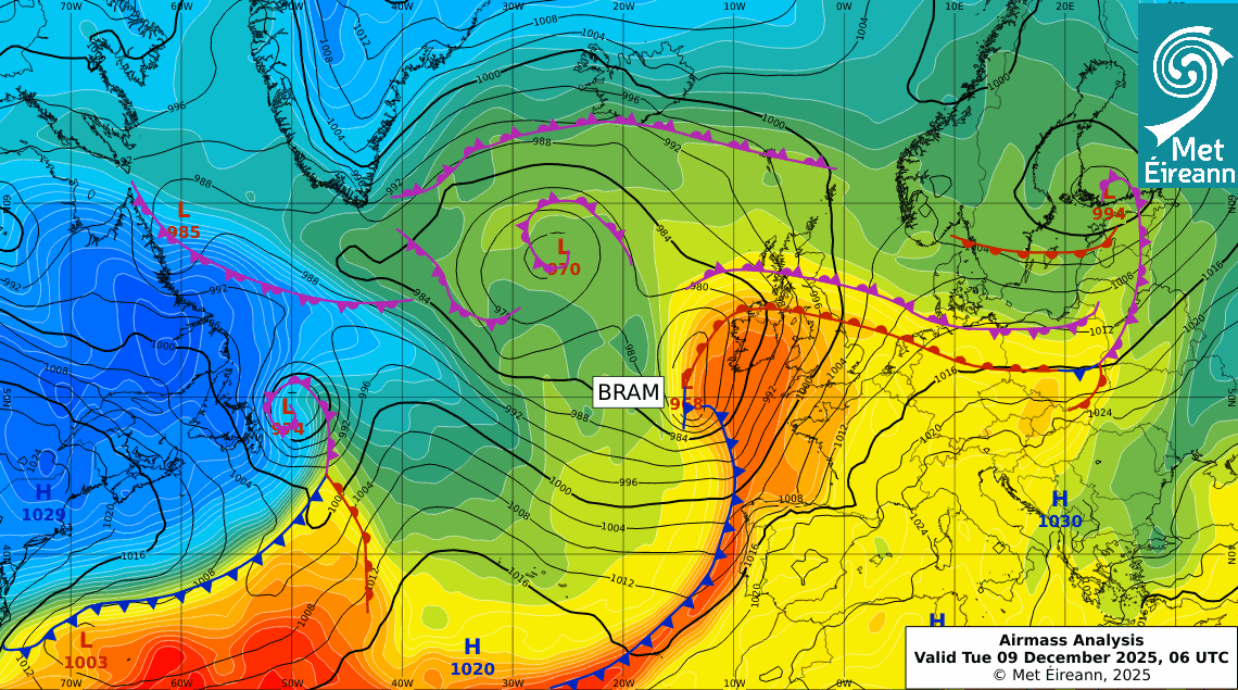 Airmass Analysis chart 06 UTC 09 December 2025: Storm Bram moved north just to the west of Ireland steering up a very warm tropical maritime airmass from the south.