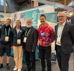 Met Éireann's Karl Roe and Rebecca Cantwell, former Met Éireann Deputy Director, Professor Peter Lynch, science broadcaster, Mark Langtry, and Met Éireann Deputy Director, Eoin Moran at Stripe Young Scientist and Technology Exhibition 2026
