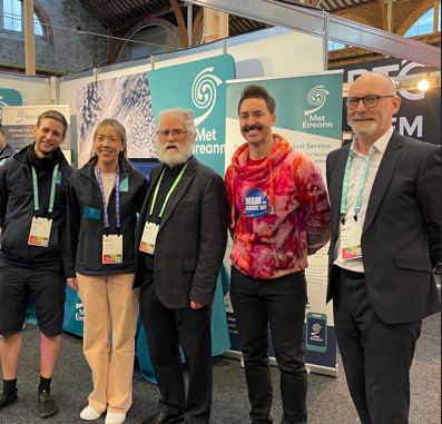 Met Éireann's Karl Roe and Rebecca Cantwell, former Met Éireann Deputy Director, Professor Peter Lynch, science broadcaster, Mark Langtry, and Met Éireann Deputy Director, Eoin Moran at Stripe Young Scientist and Technology Exhibition 2026