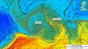 Airmass Analysis chart 12 UTC 27 January 2026: Storm Chandra moved north along the west of Ireland steering up active weather fronts from the south.
