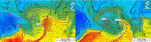 Airmass Analysis chart 06 UTC 09 December 2025 (left): Storm Bram moved north just to the west of Ireland steering up a very warm tropical maritime airmass. Airmass Analysis chart 12 UTC 27 January 2026 (right): Storm Chandra moved north along the west of Ireland steering up active weather fronts.