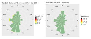 Wind roses for May 2026, sustained 10-min mean and gust.
