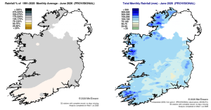 Rainfall % of 1991 – 2020 Monthly Average for June 2026 (Provisional).                                                                                             Total Monthly Rainfall (mm) for June 2026 (Provisional).