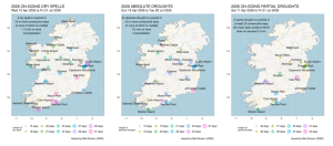Climatological Dry Periods that were ongoing through July 2026: 25 stations saw dry spells* between Wednesday July 1st and Sunday August 2nd lasting between 19 and 33 days. Of those, 20 stations mostly in the Midlands, South and East also saw absolute droughts* between Wednesday 1st July and Tuesday 28th July lasting between 15 and 27 days. Of those, 15 stations in the Midlands, South and East also saw partial droughts* between Saturday 20th June and Monday 3rd August lasting between 27 and 45 days