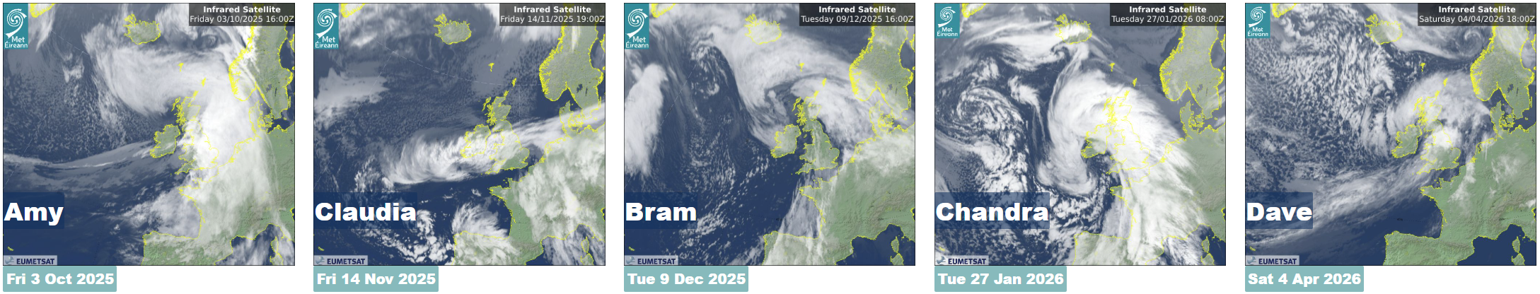 Satellite images for storms Amy, Claudia, Bram, Chandra and Dave during storm season 2025/26 