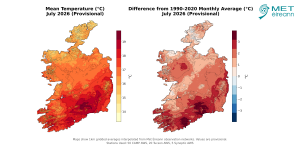 Mean Temperature (°C) for July 2026 (Provisional). Difference from 1991-2020 LTA (°C) for July 2026 (Provisional)