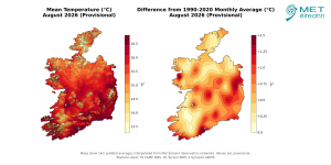 Mean Temperature (°C) for August 2026 (Provisional).                                     Difference from 1991-2020 LTA (°C) for August 2026 (Provisional)