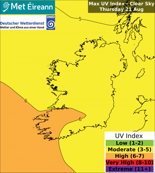 Max UV Index - Clear Sky - Thursday, 21 Aug 2025