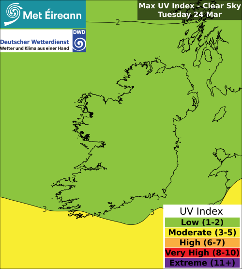 Max UV Index - Clear Sky - Tuesday, 24 Mar 2026